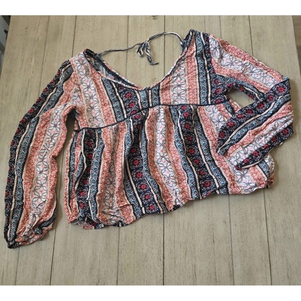 Abercrombie floral geometric print long sleeve pink blue black peasant blouse S